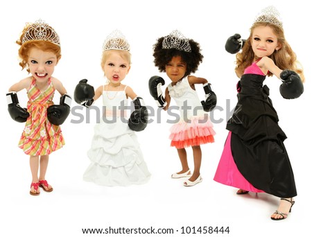 Group Of Beauty Pageant Girls Fighting For The Crown Wearing Boxing Gloves Over White Background