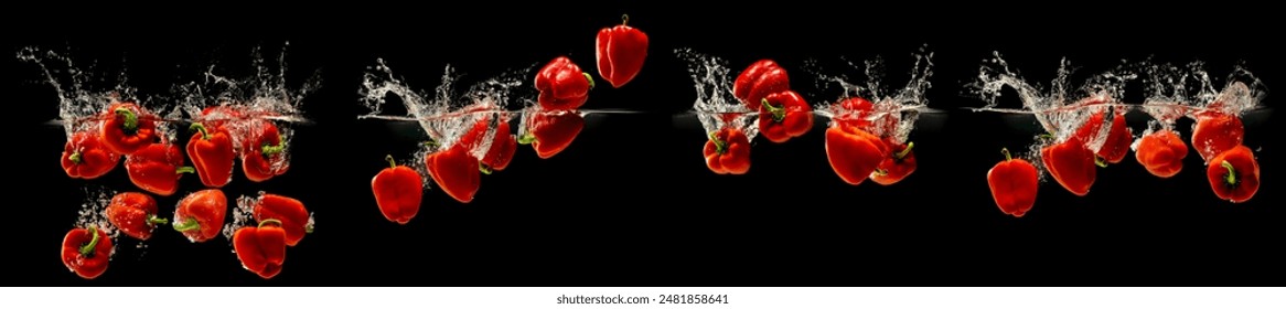 Group of bell pepper falling in water with splash on black background. - Powered by Shutterstock