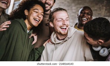 Group Of Best Friends Having Fun Laughing Together Outside - Millennial People Hanging Out On City Street - Friendship Concept With Guys And Girls Having Delightful Moments 