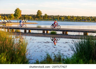 A Group Of Bicyclist Rides Along Patriot Lake In Shelby Farms Park, Memphis, TN. On Aug. 31, 2022.

