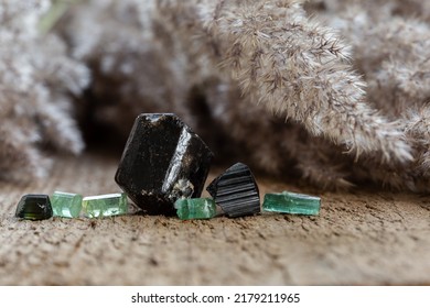 Group Of Black And Green Tourmalines On Wooden Table. Natural Crystal Stone Collection 