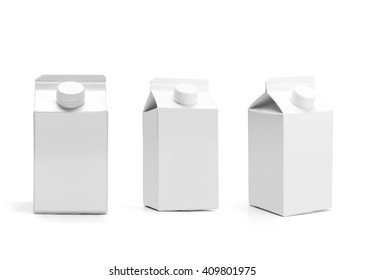 Group of blank half liter milk boxes with lid isolated on white with original shadow, package template of a retail container for liquid products. 