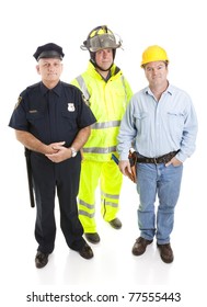 Group Of Blue Collar Workers Isolated On White, Including A Firefighter, Police Officer, And Construction Worker.