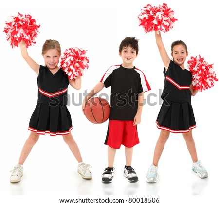 Group of boys and girls in cheerleader and basketball player uniforms over white.