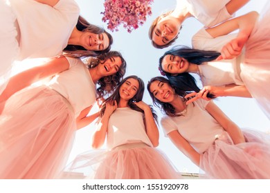 Group Of Bridesmaids Making Selfie At Sky Background