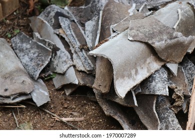 Group Of Broken And Fibrous Slice Of Corrugated Asbestos Cement Sheets. Asbestos Sheets After Demolition