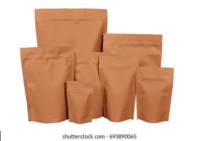 Group Of Brown Kraft Paper Doypack Pouch With Zipper On White Background 