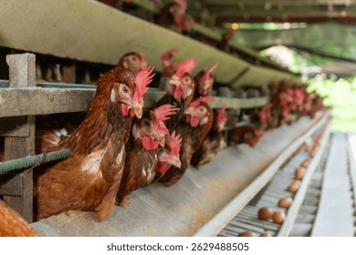 A group of brown layer hens inside a commercial poultry farm, standing in cages and laying eggs on metal conveyor trays. The chickens are part of an industrial egg production system. Eggs are collecte