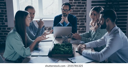 Group of business manager gather around table have start-up seminar telll talk speak discuss brainstorming workshop work problem price reducing in office workstation - Powered by Shutterstock