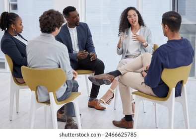 Group, business meeting and discussion in circle for therapy, talking with diversity in office. Team, people or communication for mental health in conference room, international wellness with support - Powered by Shutterstock