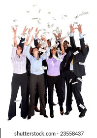 Group Of Business People Catching Dollars Under Money Rain - Isolated