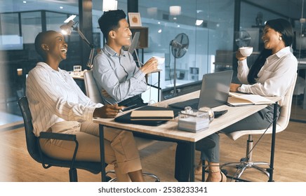 Group, business people and coffee break, discussion or laugh at funny joke at night. Happy team, deadline and meeting with laptop for brainstorming ideas, solution and project management in startup - Powered by Shutterstock