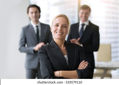 Group of business people, congratulating woman, business advisory services, global ambitions, portrait of smiling female founder, inspiring true story of most successful startup, interview finalist