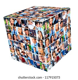 Group Of Business People. Cube Collage Background.