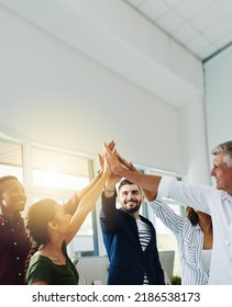 Group of business people doing high five together while standing inside an office with sun flare and copy space. Team of colleagues, coworkers and employees celebrating teamwork and stacking hands - Shutterstock ID 2186538173