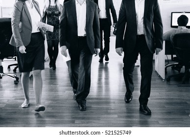 Group Of Business People Dressed In Suits, Walking By Corridor.