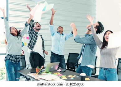 Group Of Business People Finish Job Done Throwing Paper Work And Dance With Happiness. Diversity People Dance, Fun, Joy, Happy Promotion  Employment Having Good News. Man Look At Camera Dancing Happy
