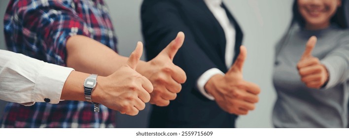 Group of Business people giving thumb up after success deal with team. The gesture of businesswoman and businessman thumbs-Up Standing With Happy corporate Employees and Teamwork-banner image.
