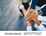 Group, business people and hands in stack for teamwork, collaboration or diversity in workplace community. Crowd, above or solidarity at company office for staff commitment, together for support