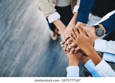 Group, business people and hands in stack for teamwork, collaboration or diversity in workplace community. Crowd, above or solidarity at company office for staff commitment, together for support