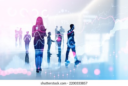 Group Of Business People Have Conference Company Meeting. Virtual Hologram Hud With Bar, Pie Diagrams, Financial Graph, Candlesticks. Concept Of Teamwork, Partnership, Communication, Trading