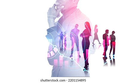 Group Of Business People Have Conference Company Meeting. Businessman Touching Chin. Digital Interface With Circle Hologram, Bar Diagrams, Binary Code, Graph. Concept Of Teamwork, Partnership, Trading