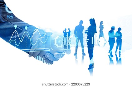 Group Of Business People Have Conference Company Meeting. Businessmen Shake Hands. Digital Interface With Graphs, Bar And Pie Diagrams. Concept Of Teamwork, Partnership, Modern Technologies, Agreement