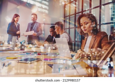 Group of business people have a meeting about company stats