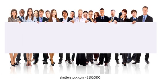 Group Of Business People Holding A Banner Ad Isolated On White