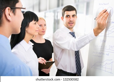 Group Of Business People Looking At The Graph On Flipchart