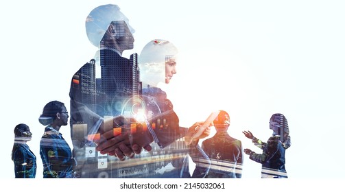 Group of business people outlines with lit background . Mixed media - Shutterstock ID 2145032061