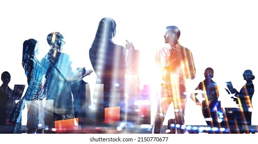 Group Of Business People Outlines With Lit Background . Mixed Media