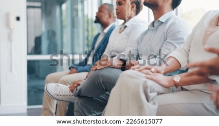 Group, business people and queue, waiting room or job interview, hiring opportunity or human resources recruitment. Nervous candidates, chairs and patience for HR meeting, recruiting or staff vacancy