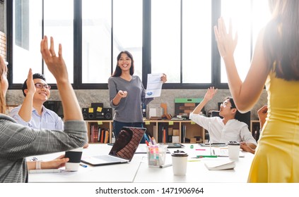 Group Of Business People Raise Hands Up To Agree With Speaker In The Meeting Room Seminar