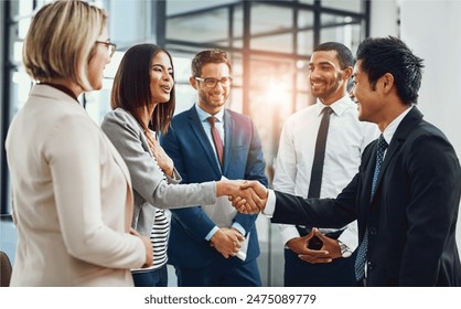 Group, business people and shaking hands for welcome, introduction or meeting in office. Handshake, smile and team with deal for collaboration, agreement or thank you for b2b partnership opportunity - Powered by Shutterstock