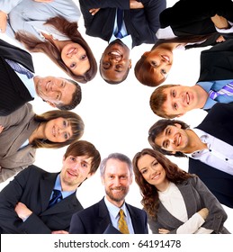 Group Of Business People Standing In Huddle, Smiling, Low Angle View