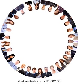 Group Of Business People Standing In Huddle, Smiling, Low Angle View