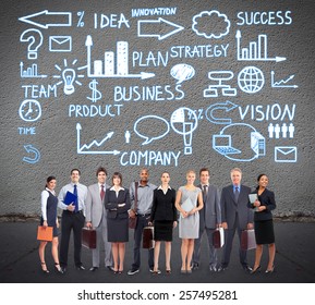 Group of business people team near infographic background.