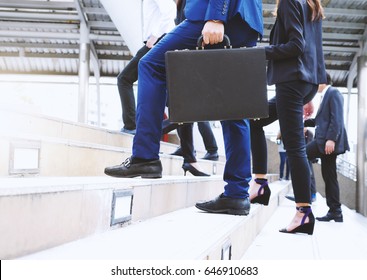 Group Of Business People Walking Up Stair On City Street, Go Forward Concepts.