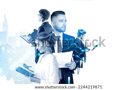 Group of business people wearing formal wear work together standing holding notes and clipboard. City skyscrapers and forex chart in background. Concept of pondering business person, lawyer, contract