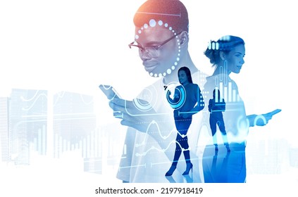 Group Of Business People Work Together Having Online Conference Call. Virtual Hologram Hud With Bar, Pie Diagrams, Graph. Concept Of Teamwork, Partnership, Digital Technologies For Successful Business