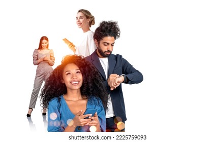 Group of business people work together thinking about creative ideas for business project using smartphones. White background. Concept of teamwork, cooperation, coworking and colleagues partnership - Powered by Shutterstock