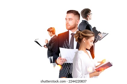 Group of business people work together having conference meeting holding notebooks and clipboard. White background. City skyscrapers. Concept of teamwork, cooperation and colleagues partnership - Shutterstock ID 2244220837