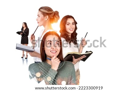 Group of business people work together studying and taking notes to get business knowledge for promotion. White background. Concept of teamwork, cooperation, learning and colleagues partnership