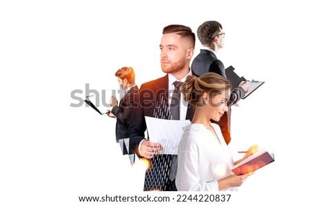 Group of business people work together having conference meeting holding notebooks and clipboard. White background. City skyscrapers. Concept of teamwork, cooperation and colleagues partnership