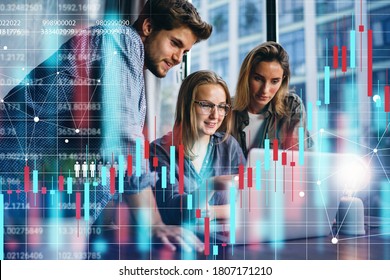 Group of business people working at modern office.Technical price graph, red and blue candlestick chart and stock trading computer screen background. Double exposure. Traders analyzing data