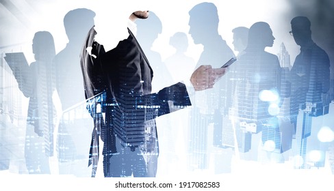 Group Of Business People Working On Project, Meetings, Conference Calls, Message Exchanging, Corporate Life. New York On Background. Networking And Recruitment Process Double Exposure.