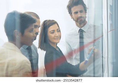 Group, business people and writing on glass wall for brainstorming ideas, problem solving and training. Board, paper and team leader planning, budget report or solution with project manager in office - Powered by Shutterstock