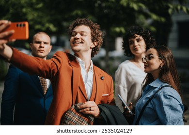 A group of business professionals smiling and taking a selfie outdoors, showing camaraderie and teamwork in a casual and relaxed setting. - Powered by Shutterstock