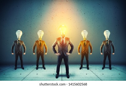 Group Of Businessman With Lightbulbs Instead Of Head.Elite Business Team .Out Of The Box Concept.